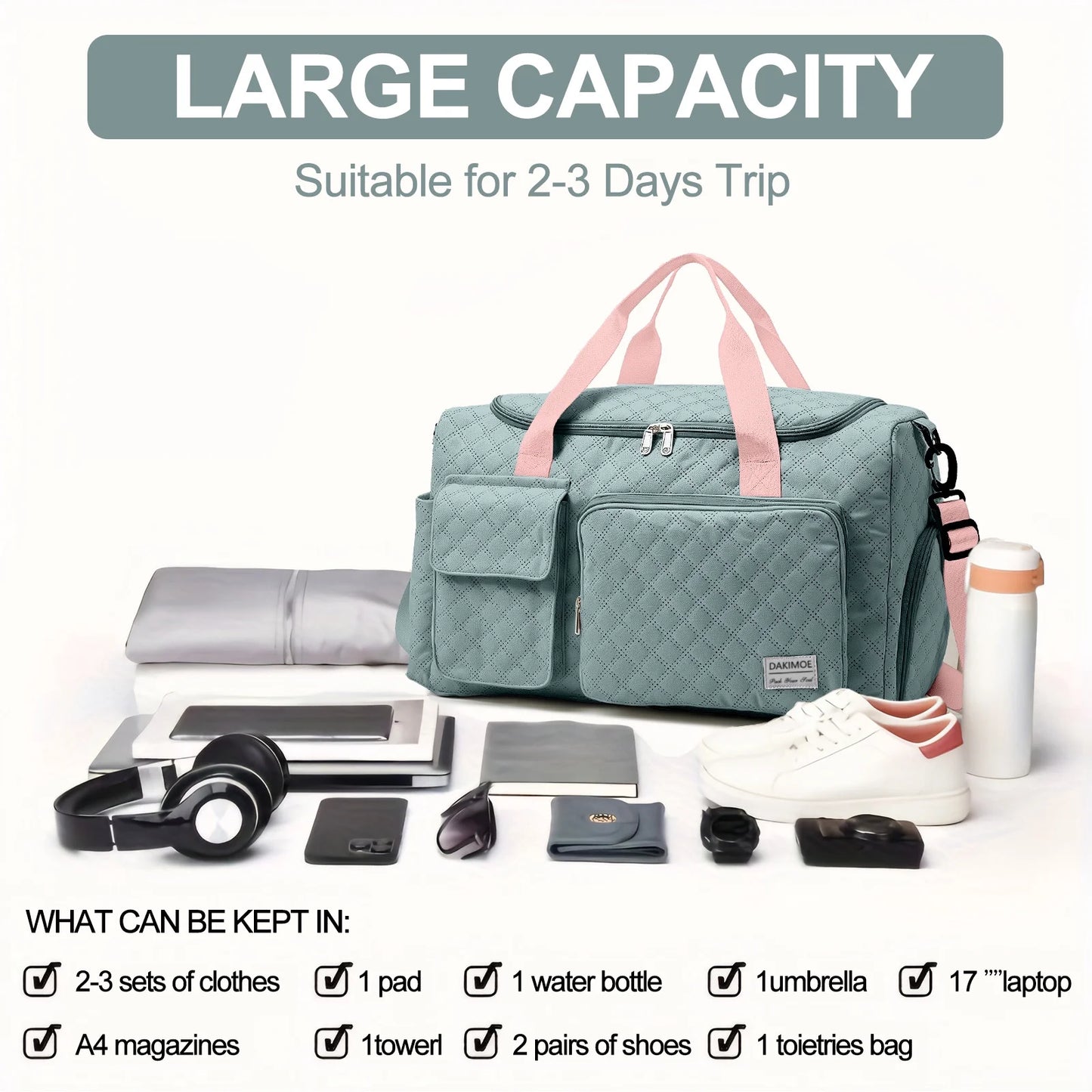 Travel Duffle Bag for Women Large Weekender Bags Carry on Gym Duffel Bag with Wet Pocket/Shoe Compartment Waterproof Overnight Tote for Plane Hospital Sports Yoga Business Trips, Green&Pink