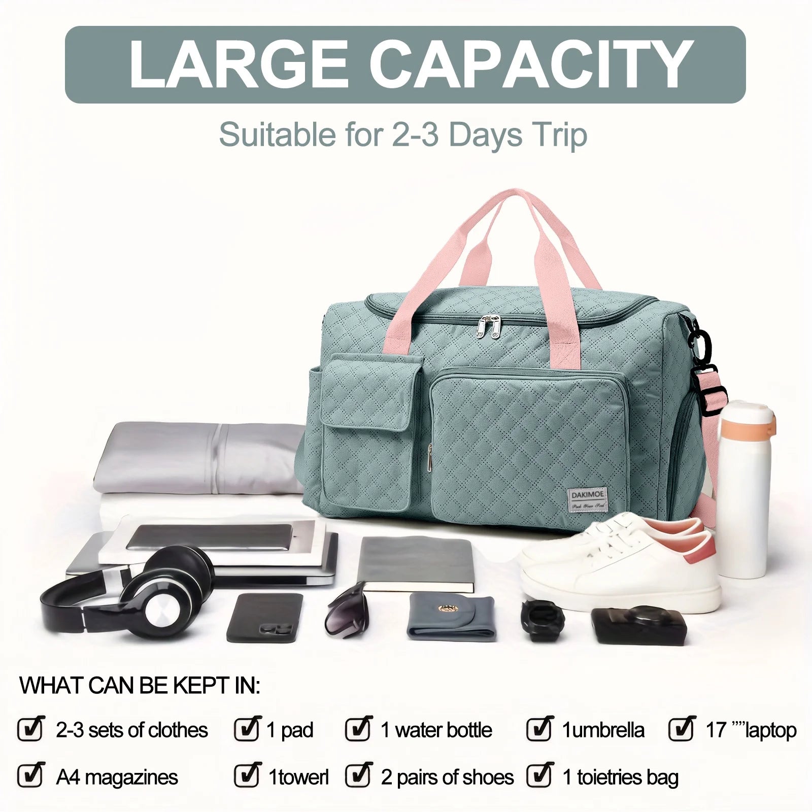 Travel Duffle Bag for Women Large Weekender Bags Carry on Gym Duffel Bag with Wet Pocket/Shoe Compartment Waterproof Overnight Tote for Plane Hospital Sports Yoga Business Trips, Green&Pink