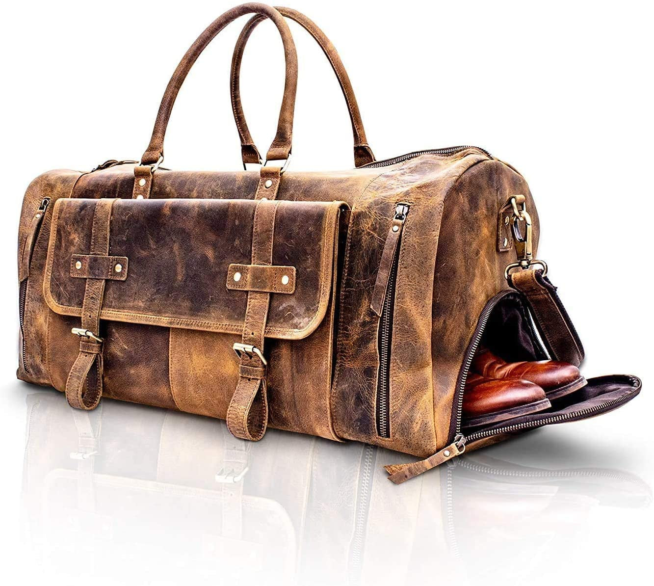 Leather Travel Duffle Bags for Men and Women Cabin Friendly Weekend Bag Sports Gym Airplane Carry on Overnight Duffel