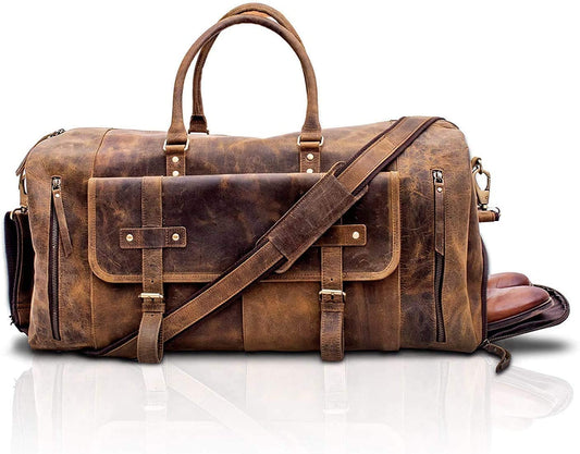 Leather Travel Duffle Bags for Men and Women Cabin Friendly Weekend Bag Sports Gym Airplane Carry on Overnight Duffel