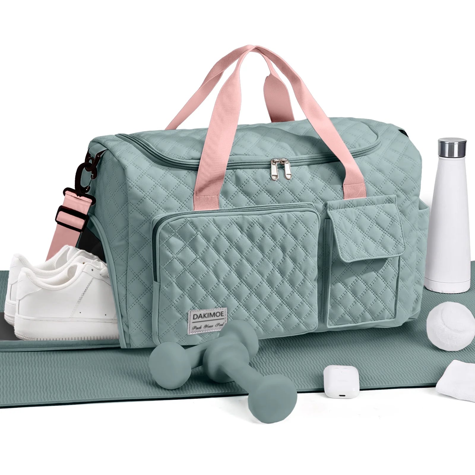 Travel Duffle Bag for Women Large Weekender Bags Carry on Gym Duffel Bag with Wet Pocket/Shoe Compartment Waterproof Overnight Tote for Plane Hospital Sports Yoga Business Trips, Green&Pink